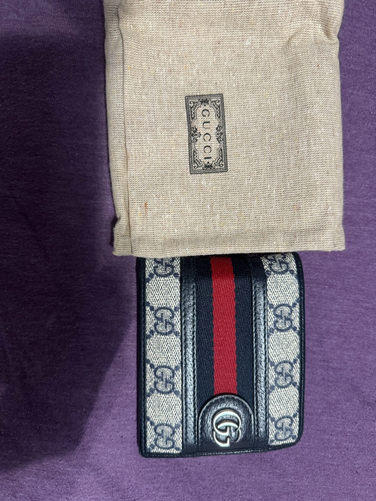 Gucci Beige Gg Supreme Card Wallet With Blue Leather And Red Web Stripe